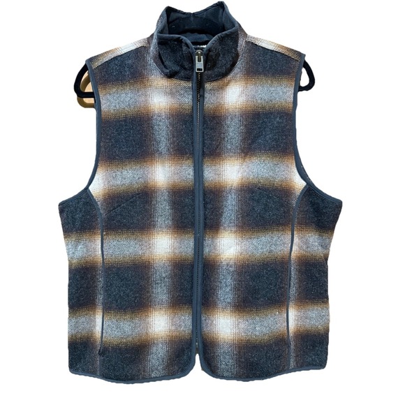 L.L. Bean Jackets & Blazers - LL Bean Vest Womans Medium Brown Shadow Plaid‎ Wool Sherpa Fleece Lined Workwear